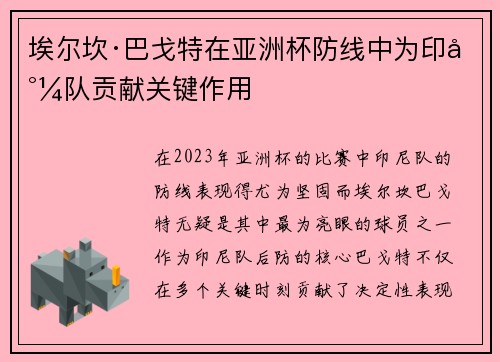 埃尔坎·巴戈特在亚洲杯防线中为印尼队贡献关键作用 埃尔坎·巴戈特在亚洲杯防线中为印尼队贡献关键作用